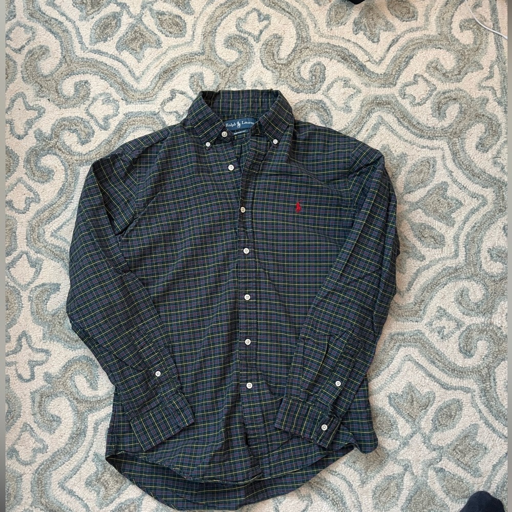 Ralph Lauren Men's Navy and Green Plaid Shirt